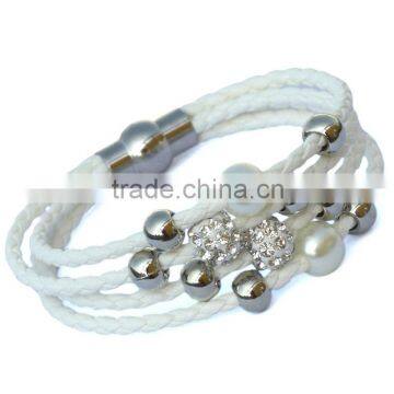 Lady PU Leather Cuff Wrap Wristband Magnetic Buckle Bracelet With Sliding Beads