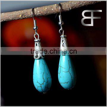 Dangling Turquoise Blue Drop Earrings for Women Vintage Silver Brass