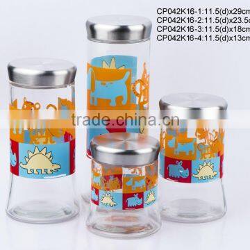 CP042K16 glass jar with decal printing with stainless steel lid