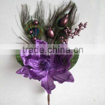 Christmas indoor decorations artificial velvet purple poppy flowers christmas pick with peacock feather