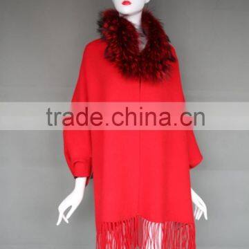 Wholesale Winter Women Cashmere Poncho Shawl With Raccoon Fur Trim /Fur Cape Of High Quality