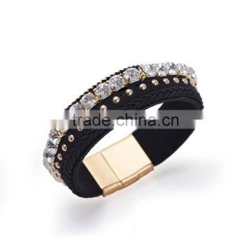 Black leather bangles clear rhinestone braided wire bracelet metal connector jewellry