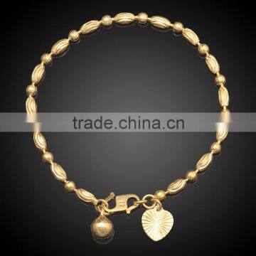 Christmas Hot Sale Sweet 18K Real Gold Copper Bracelets Accessory Rugby And Round Gold Beads Linked Love Heart Small Bell Bangle