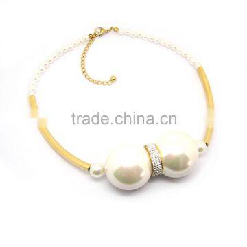 Stainless Steel Gold Tone Rhinestone Big Chunky Pearl Necklace photo-2