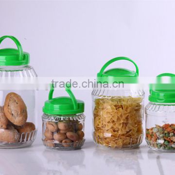 transparent glass jar with plastic cover