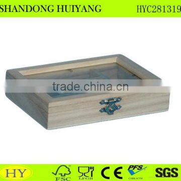 wholesale 8 compartment paulownia wood tea box with glass top