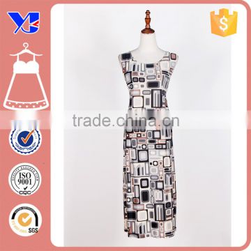 Ice silk textile pattened sleeveless elegant summer multi maxi dress