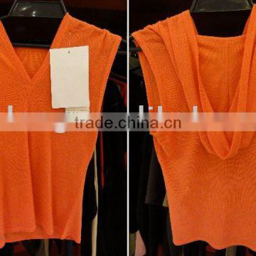 Ladies orange sleeveless merino hooded tank top with 100% merino wool