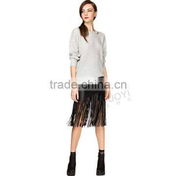 MGOO New Arrival OEM Services Women Black Faux Leather Midi Slinky Skirts With Tassels Bottom 15145A033 photo-6