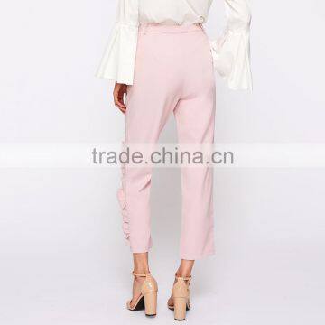 Frilled Women's Tailored Fitted Pants High Waist Pink Cropped Trousers photo-5