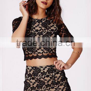 Women's Summer Rose Pattern Crop Top Shirt With Slit Long Skirt Suits photo-5