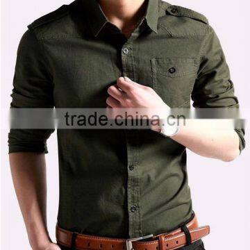 New Elegant Khaki 100%Cotton Men Fancy Casual Shoulder Strap Shirt With Square Collar photo-2