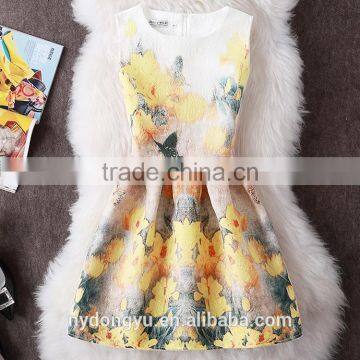 yellow flower moon r women printed A line dress/sym polyester rose multi design sleeveless A line dress /Latest fashion