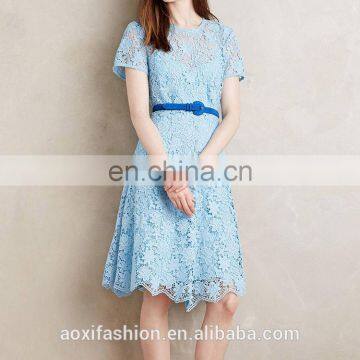 Custom latest design blue short sleeves elegant mini lace dress