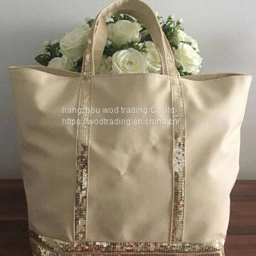 beige sequins bags with leather tote bag