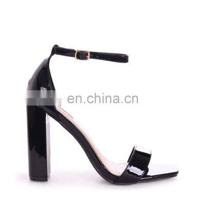 Women high fashionable good quality high heel black patent square toe block heel sandals footwear