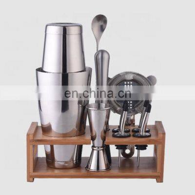 Creation Factory Direct Custom 800ml Stainless Steel Kit Bartender Tools Boston Cocktail Shaker Bar Set With Bamboo Wood Stand