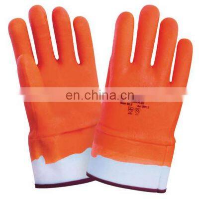 Cotton Foam Warm Lined Fluorescence Orange Color Safety Cuff PVC Sandy Fully Coated Acid-based Resistant Wholesale Gloves