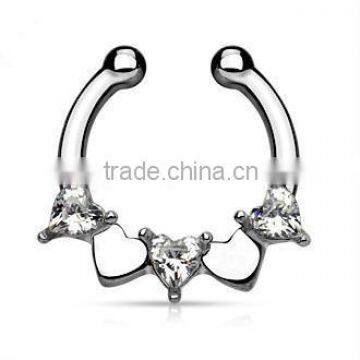 Sweet Heart CZ Crystal 316L Surgical Steel Fake Septum Clicker Nose Piercing Body Jewelry