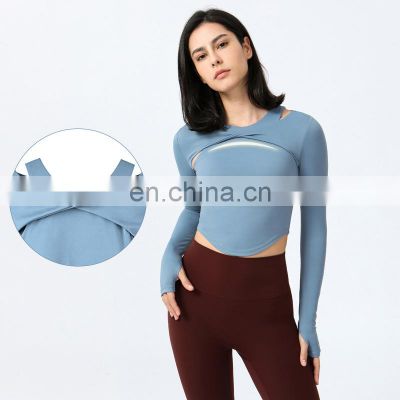 Built In Bra Custom Logo Soft 2023 Active Sportswear Training Compression Slimming Long Sleeve Sexy Fitness Gym Shirts For Women