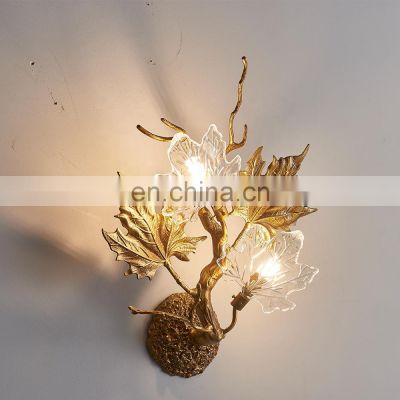 Luxury Golden Wall Lamps Bedside Hotel Home Living Room Decorative Tree Leaf Modern Glass Wall Lights