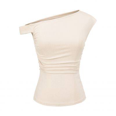 Sunset women's summer vest 2025 spring and summer design sense oblique shoulder fold waist irregular T-shirt top women