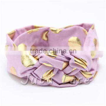Cotton Fabric Golden Polka-dots Bow Headbands - Foil Gold Wide Elastic Knitted Headwraps photo-3