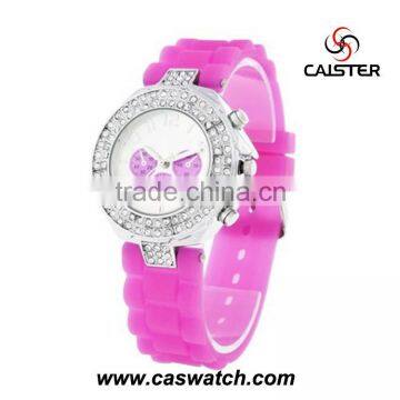 Colorful silicone band three eyes dial alloy case with some diamonds silicone watch