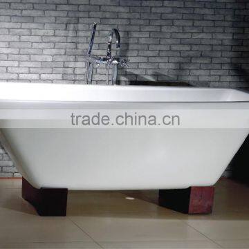 rectangular freestanding cast iron bathtub with wooden cradle