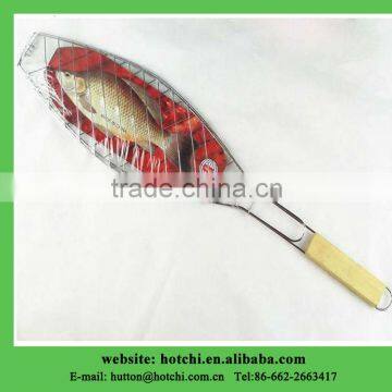 steel fish grilling net with electro-plated with wood handle