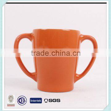 custom logo ceramic glazed mug with two handle for children cup kid's mug