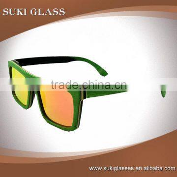 Custom green skateboard wood frame sunglasses with yellow polarized lens