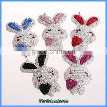Wholesale Lovely Heart Rabbit Jewelry Findings Large Rhinestone Pendants CPP-017