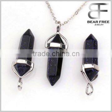 Blue Sand Stone Crystal Hexagonal Prism Healing Point Chakra Pendant Bead For Necklace