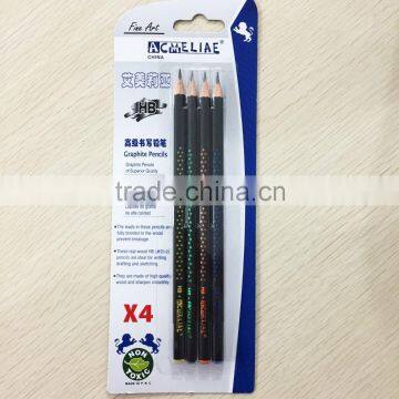 7" standard size triangular shape soft wood matt black body blister card HB pencil sharpened with dipped top