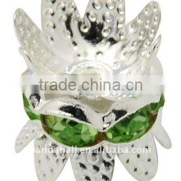 Rhinestone Beads, Copper, Grade "A", Flower, Silver Metal Color, Green, about 8x9mm, hole: 0.8mm(RB-H042-9)