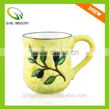 wholesale olive Color Glazed Design pattern ceramic mug with big handle