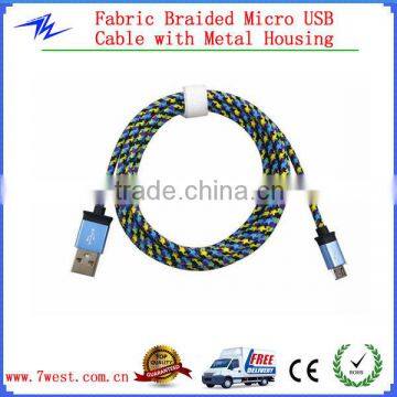 Customized Colored Fabric Braided Micro USB Cable Sync Data Charger for Cell phone