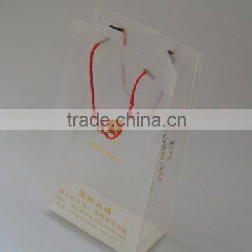 Gold foil rectangle base transparent plastic bag with drawstring handle