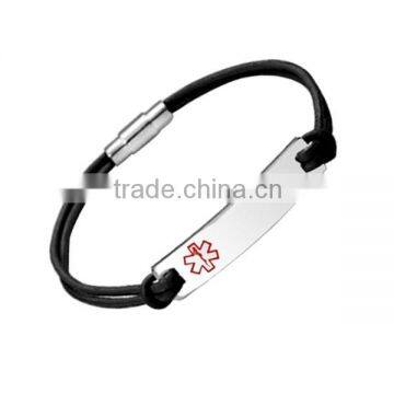 SRB0157 Black Leather Band Single Helix Snake Bracelet Medical Alert Bracelet High Polish Stainless Steel Bracelet