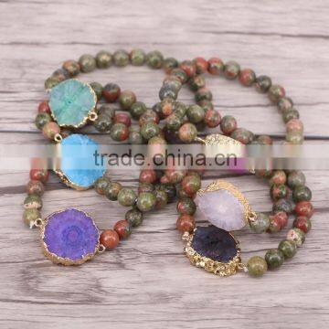 Natural Unakite Stone Beaded Bracelets, Solar Quartz Connector Beads Druzy Gemstone Bracelets photo-3