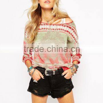 High Fashion Design Sexy Women Sweater Jumper Boat Neckline Pattern Jumper Colorful Jumper