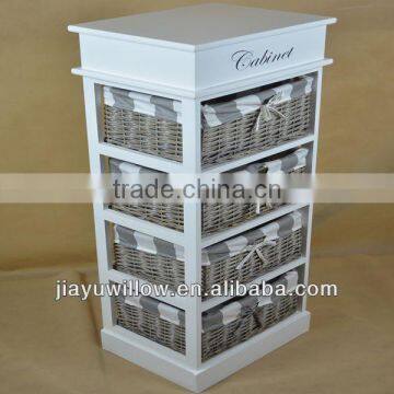 English bulk wooden storage cabinet with wicker baskets with handle