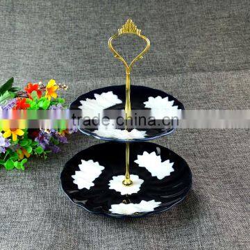 Promotion Ceramic 2 Tier Gold Bule Cake Stands Crystals Wedding For Dinner Restaurant photo-2