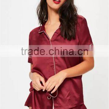 MGOO Hot Sale Custom Buttons Up Pyjamas Sets Short Sleeves Shirt And Bottom Satin Piped Moonnight Wear photo-5