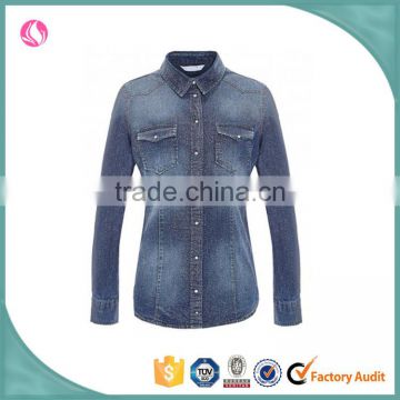 2016 women cheap designer slim fit stone washed denim shirt