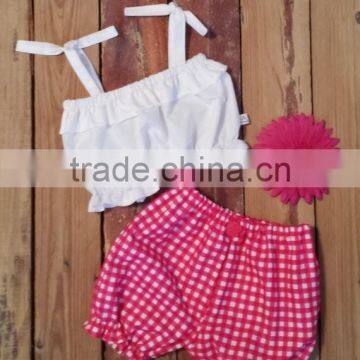 New Fashion Baby Clothes Outfits Toddler Kids Summer Wear Plain White Top And Red Gingham Short Clothing Set photo-2