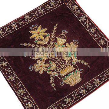 Beautiful Indian Couch Pillow Gold Zardozi Embroidered Unique Decorative Cushion photo-2
