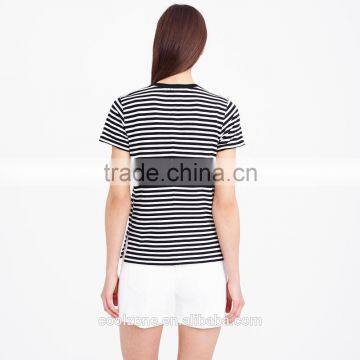 Fashion Rolled Sleeve Stripe Print Women t Shirt Wholesale Factory photo-4