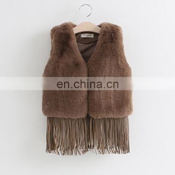 Brown faux rabbit fur gilet for kids fashion fur outwear with tassel